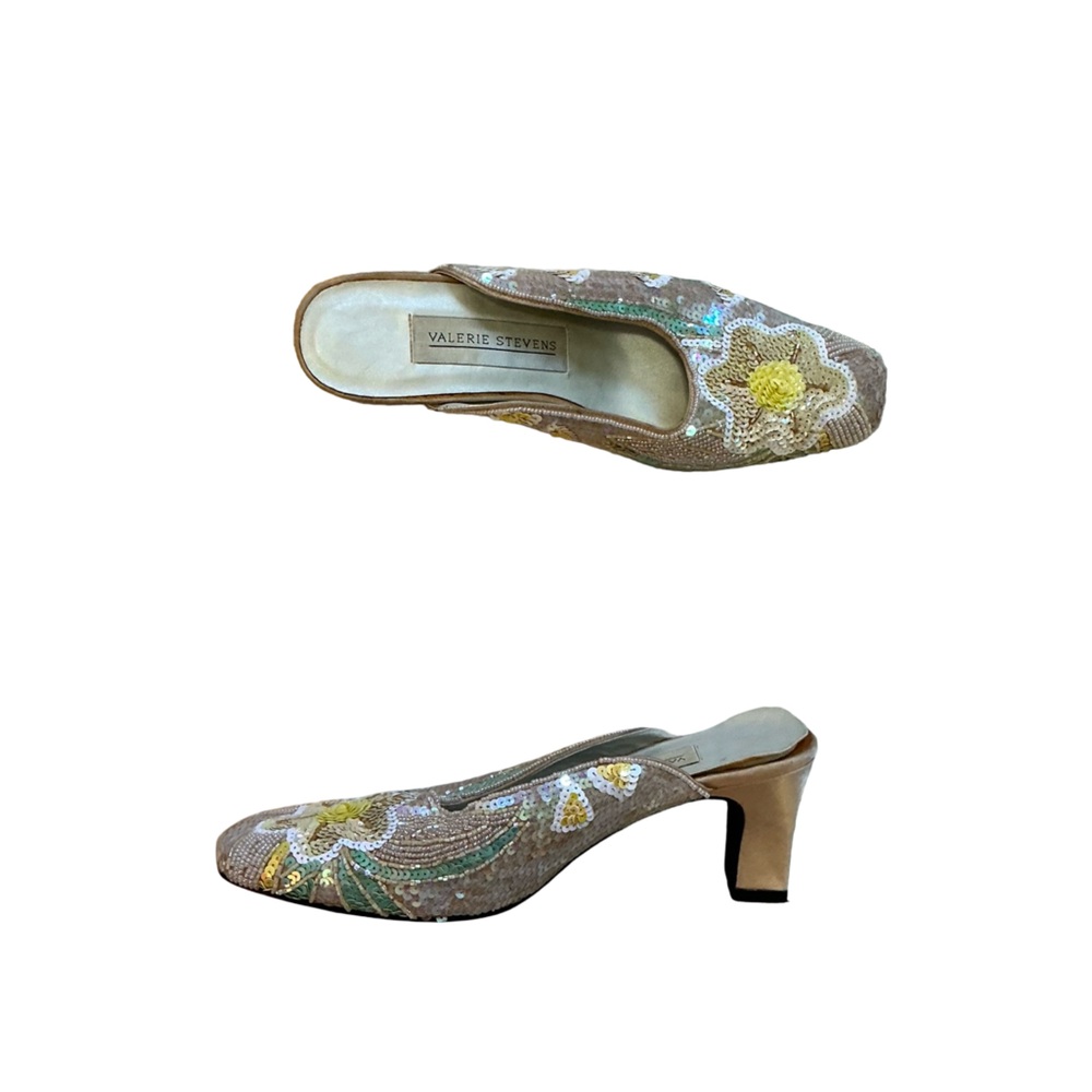 Valerie Stevens Gold and Green Floral Mules